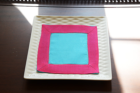 Multicolor Hemstitch Cocktail Napkin 6". Aqua & Hot Pink